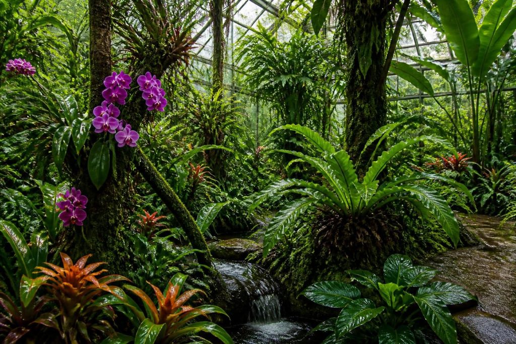 découvrez les plantes fascinantes et luxuriantes qui prospèrent dans une serre recréant l'atmosphère unique des forêts tropicales humides.