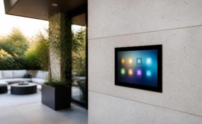 découvrez notre mur de contrôle installé côté terrasse avec une tablette tactile dédiée à la domotique, pour gérer facilement votre maison intelligente en extérieur.