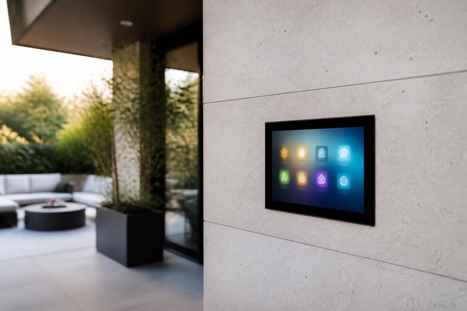 découvrez notre mur de contrôle installé côté terrasse avec une tablette tactile dédiée à la domotique, pour gérer facilement votre maison intelligente en extérieur.