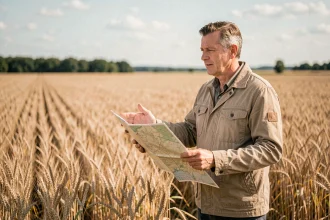 Agronome tenant une carte topographique au bord d'un champ agricole d'un hectare en France