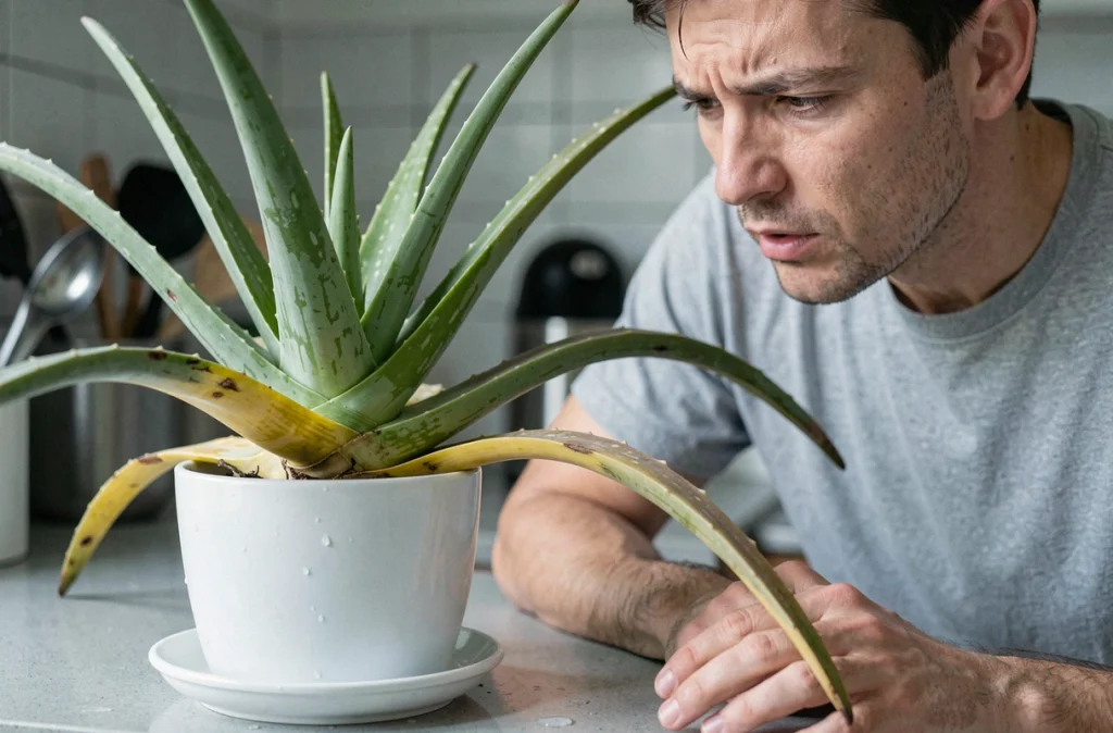 Aloe vera aux feuilles jaunies et ramollies par un excès d'arrosage posé sur un comptoir de cuisine