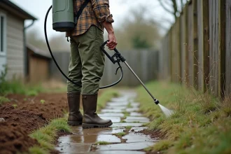 Homme appliquant un désherbant liquide sur un chemin envahi de mauvaises herbes dans un jardin, avec un pulvérisateur à pompe manuelle