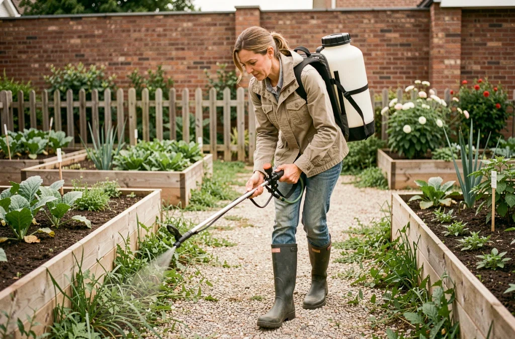 Femme appliquant un mélange herbicide avec un pulvérisateur à dos dans un potager entre les allées
