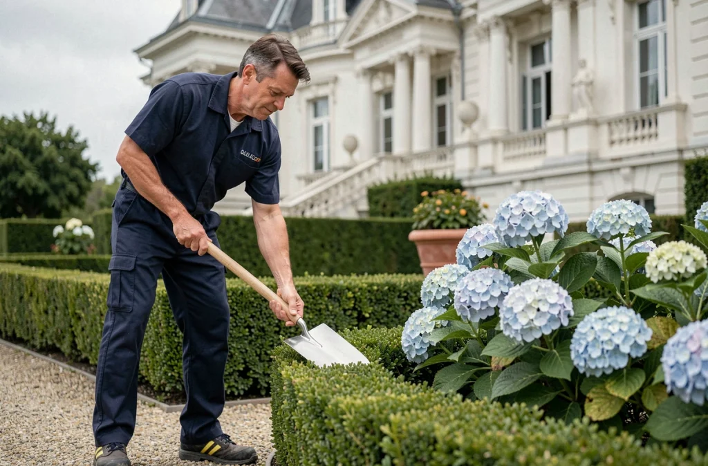Paysagiste Arbelet travaillant sur un jardin formel devant une villa Belle Époque à Dinard