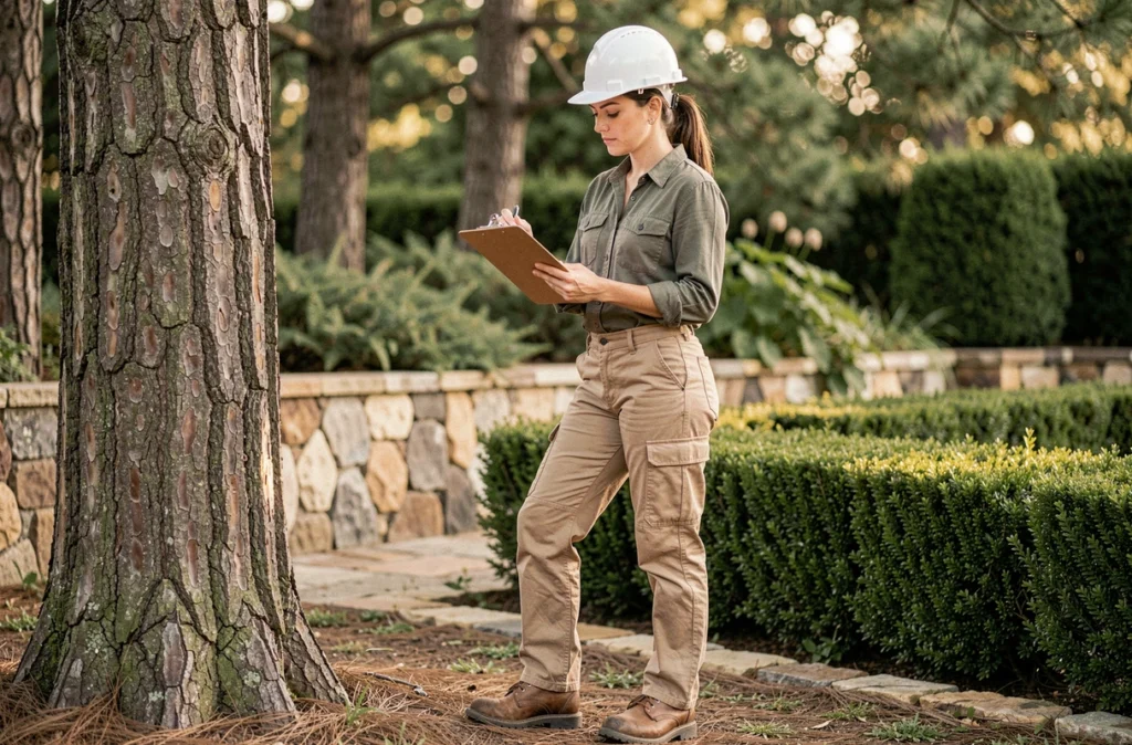 Arboriste femme évaluant un pin dans un jardin privé avec une fiche d'inspection professionnelle