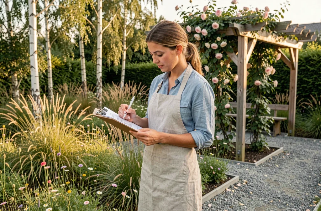 Paysagiste de l'Atelier Morlière à Melesse consultant ses plans de conception dans un jardin naturel avec prairie fleurie