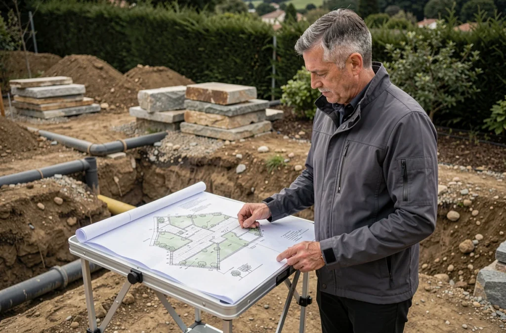 Paysagiste concepteur DPLG de l'Atelier Saut-de-loup étudiant un plan de jardin sur un chantier en cours sur les hauteurs de Toulouse