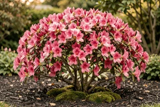 Azalée en pleine floraison avec des fleurs roses vives dans un jardin bien entretenu, signe d'une longue durée de vie