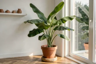 Bananier en pot dans un appartement moderne près d'une fenêtre, avec de grandes feuilles vertes brillantes et un pot en terre cuite sur parquet bois