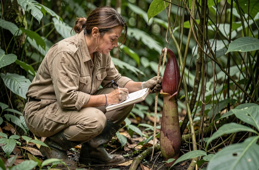 Biologiste de terrain mesurant un bourgeon de Rafflesia arnoldii dans la forêt tropicale de Bornéo, illustrant les efforts de conservation pour protéger la plus grande fleur du monde menacée d'extinction