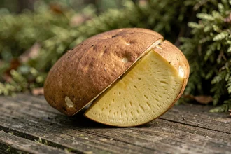 Bolet à chair jaune coupé en deux révélant la chair jaune vif caractéristique, posé sur du bois brut en forêt