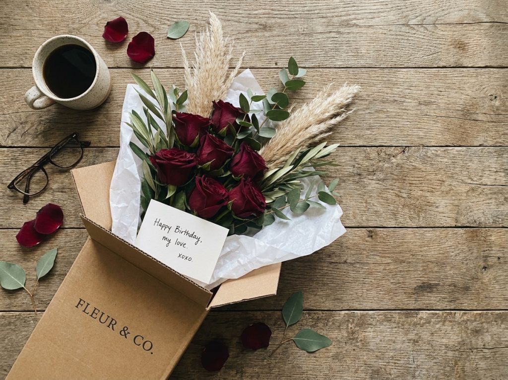 Bouquet de roses bordeaux livré à domicile avec emballage cadeau et carte manuscrite