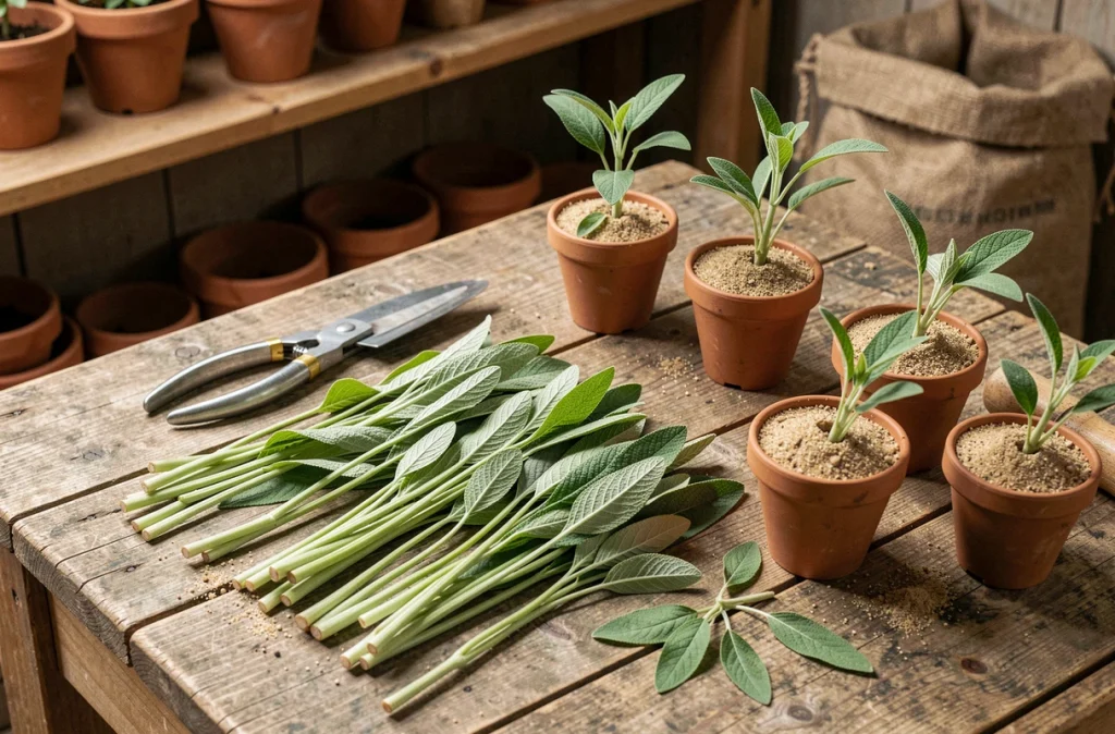 Boutures de sauge arbustive fraîchement coupées prêtes à être repiquées dans des pots en terre cuite sur un établi de jardinage