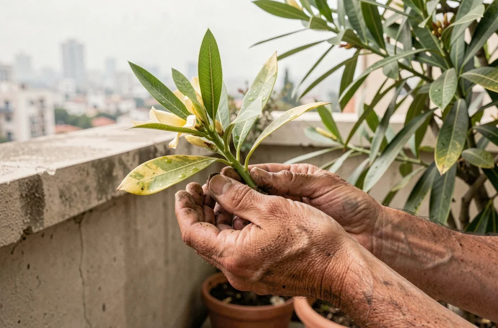 Jardinier tenant une branche de laurier rose aux feuilles jaunies sur un balcon ensoleillé avec pot en terre cuite
