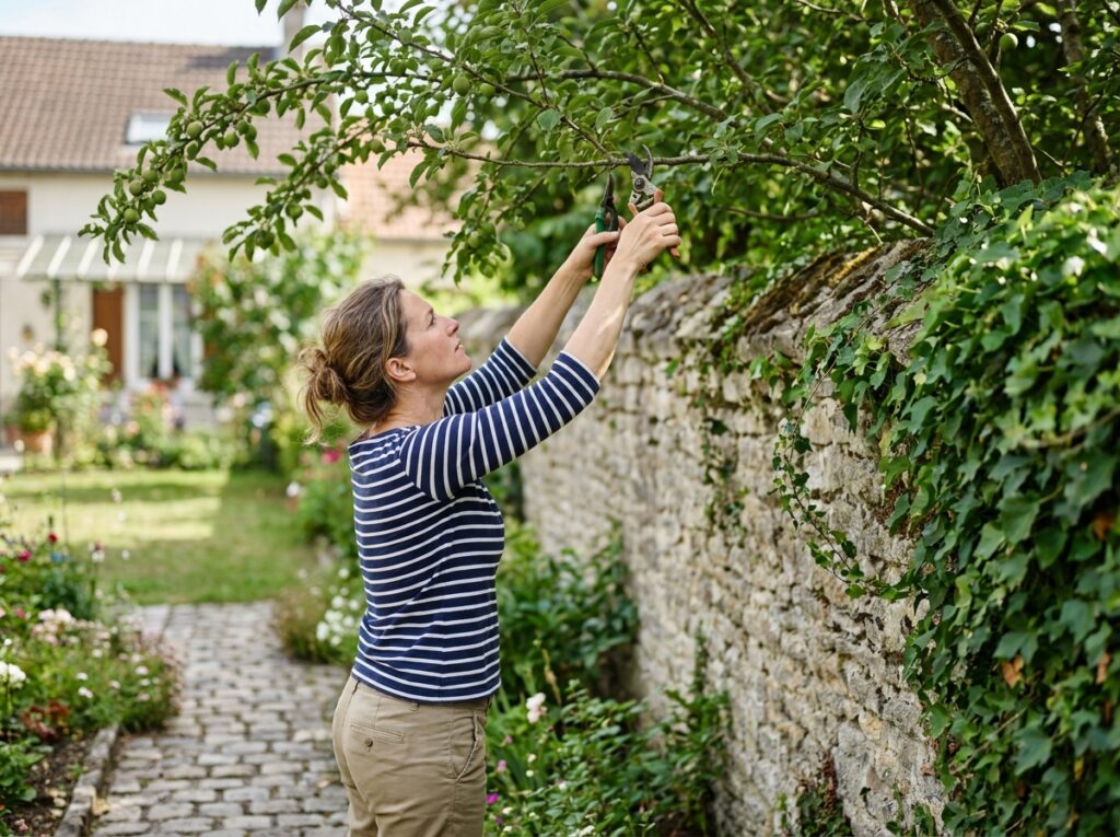 Femme coupant des branches d'arbres qui débordent chez le voisin par-dessus un mur de jardin, thème des litiges de voisinage végétaux