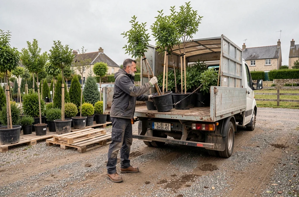 Professionnel de Bretagne Jardins Services déchargeant des arbres ornementaux d'un camion dans le dépôt de Châteaubourg