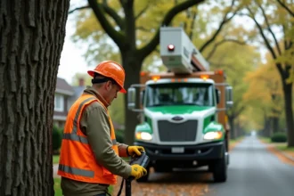 Arboriste professionnel utilisant les commandes hydrauliques d'un camion d'élagage sur une rue résidentielle bordée de chênes matures