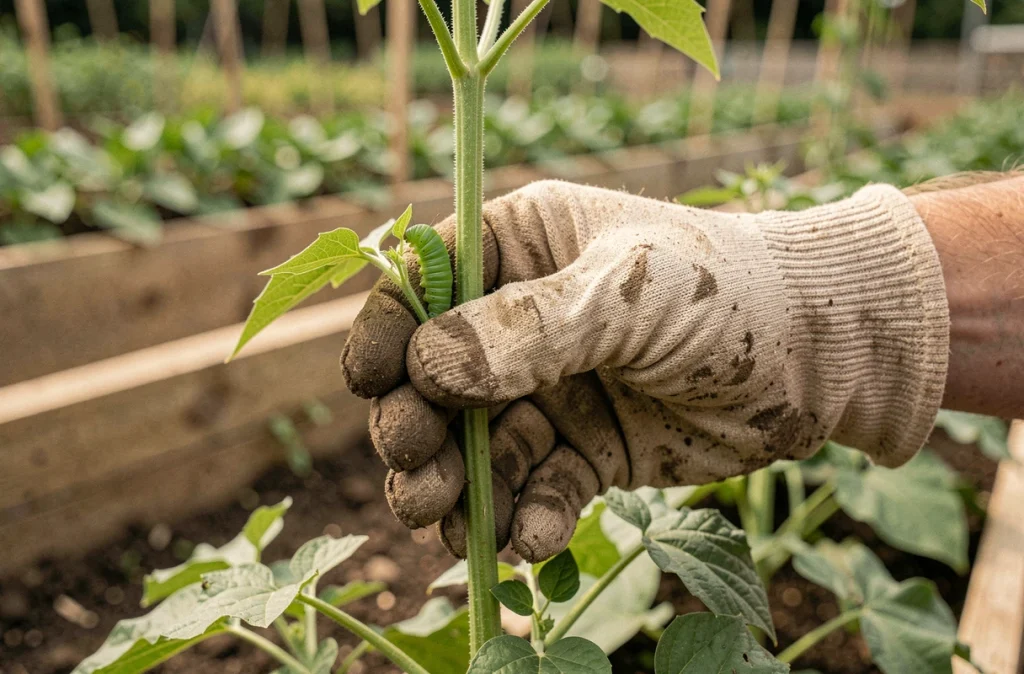 Main de jardinier gantée tenant une tige avec une petite chenille verte dans un potager, vue en plan rapproché