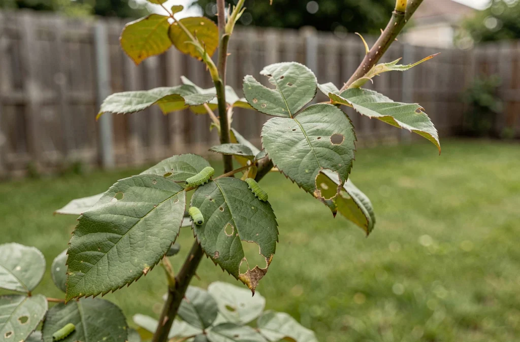 Branches de rosier avec des feuilles mâchées et plusieurs petites chenilles vertes visibles dans un jardin résidentiel