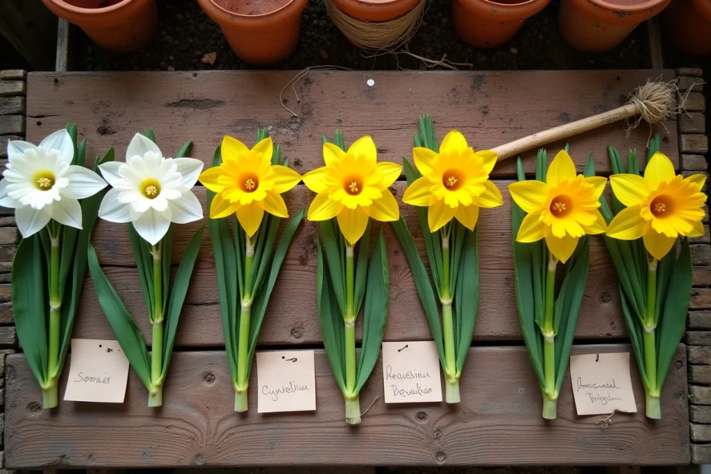 Vue de dessus comparant six fleurs coupées narcisses et jonquilles disposées en deux groupes étiquetés sur un établi de jardin
