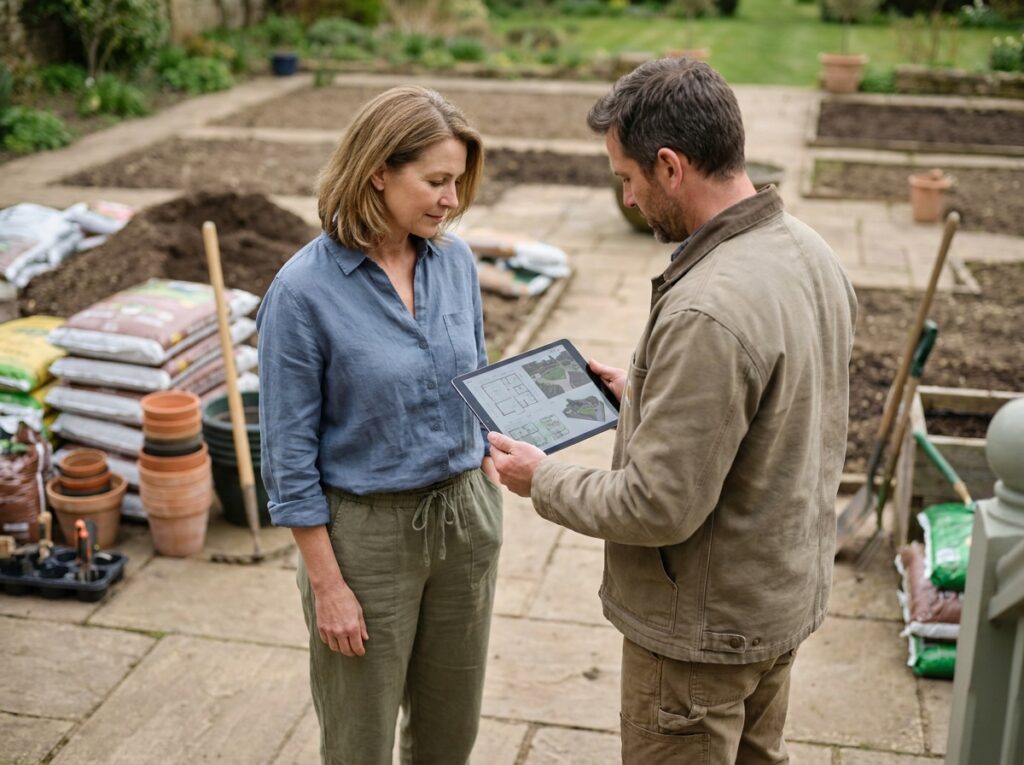 Propriétaire et paysagiste consultant des plans de rénovation de jardin sur tablette numérique en extérieur