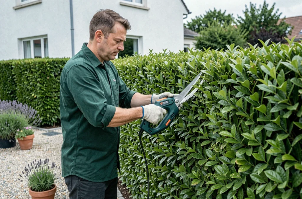 Jardinier paysagiste Côté Jardin taillant une haie de charme avec une cisaille électrique dans un jardin résidentiel à Betton