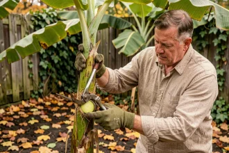 Jardinier en train de couper un bananier en automne avec un sécateur à long manche dans un jardin aux feuilles dorées