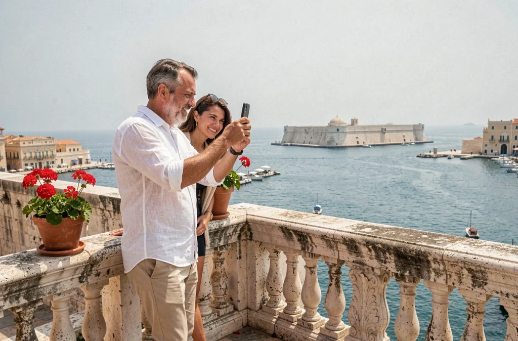 Couple de parents photographiant la vue panoramique sur le Grand Port depuis la terrasse des jardins Barrakka supérieurs à Malte
