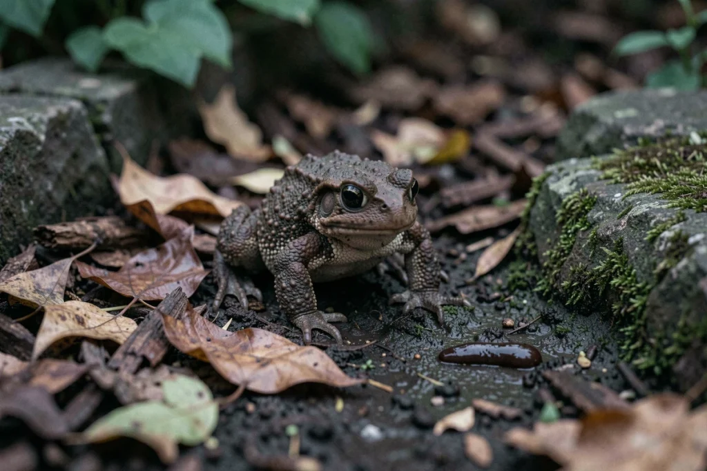 Crapaud commun dans un jardin près d'une crotte fraîche sur la terre humide entre les feuilles mortes