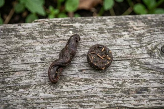 Comparaison de crottes de crapaud et de crottes de hérisson posées côte à côte sur une planche de bois de jardin