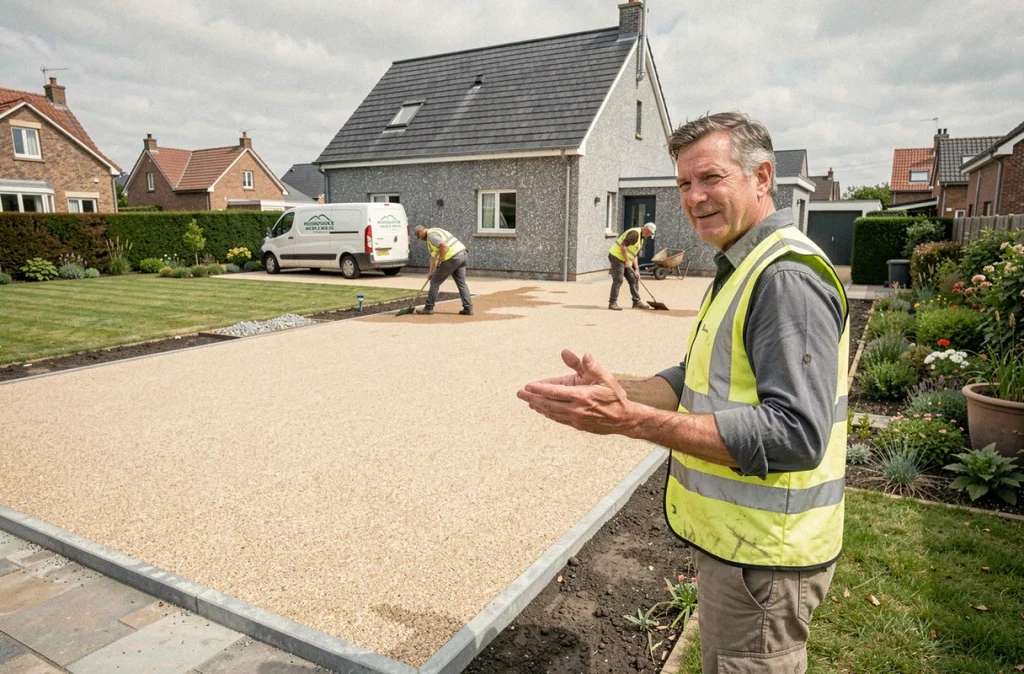 Responsable Daniel Moquet supervisant l'installation d'une allée en résine perméable dans une maison de l'agglomération rennaise