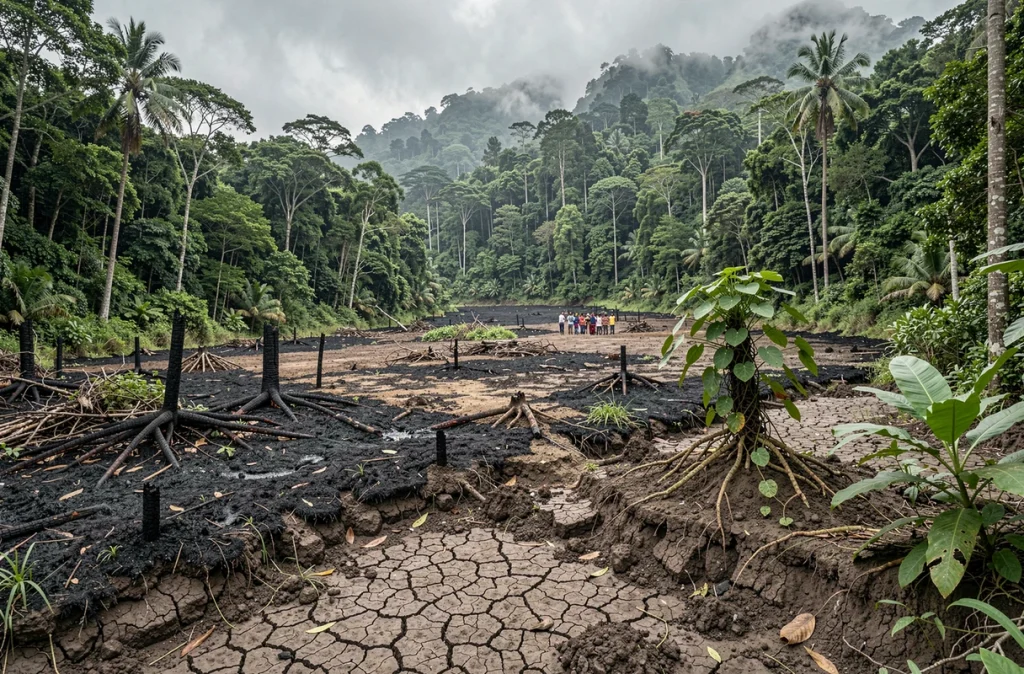 Forêt tropicale d'Asie du Sud-Est partiellement déboisée montrant la destruction de l'habitat naturel de la Rafflesia arnoldii, soulignant la menace critique pesant sur la plus grande fleur du monde