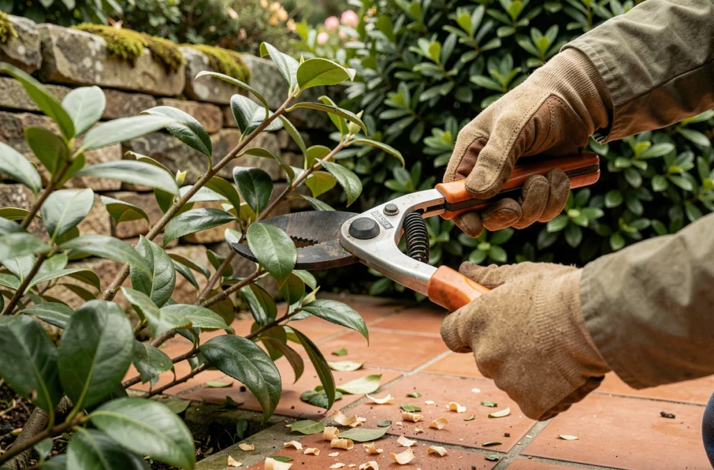 Gros plan sur les mains gantées d'un élagueur utilisant un sécateur professionnel sur une haie de camélia dans un jardin à Anglet