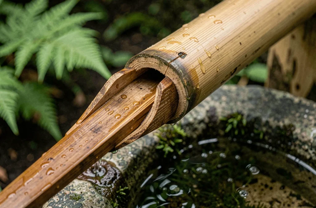 Gros plan sur le mécanisme de pivot d'une fontaine shishi odoshi en bambou avec gouttes d'eau et pierres moussues