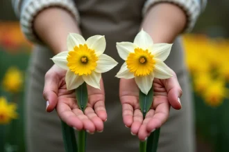 Comparaison côte à côte d'une narcisse à couronne plate et d'une jonquille à trompette allongée tenues dans des mains de jardinière
