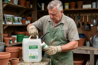Jardinier mesurant le dosage de glyphosate dans un pulvérisateur de 5 litres dans un abri de jardin