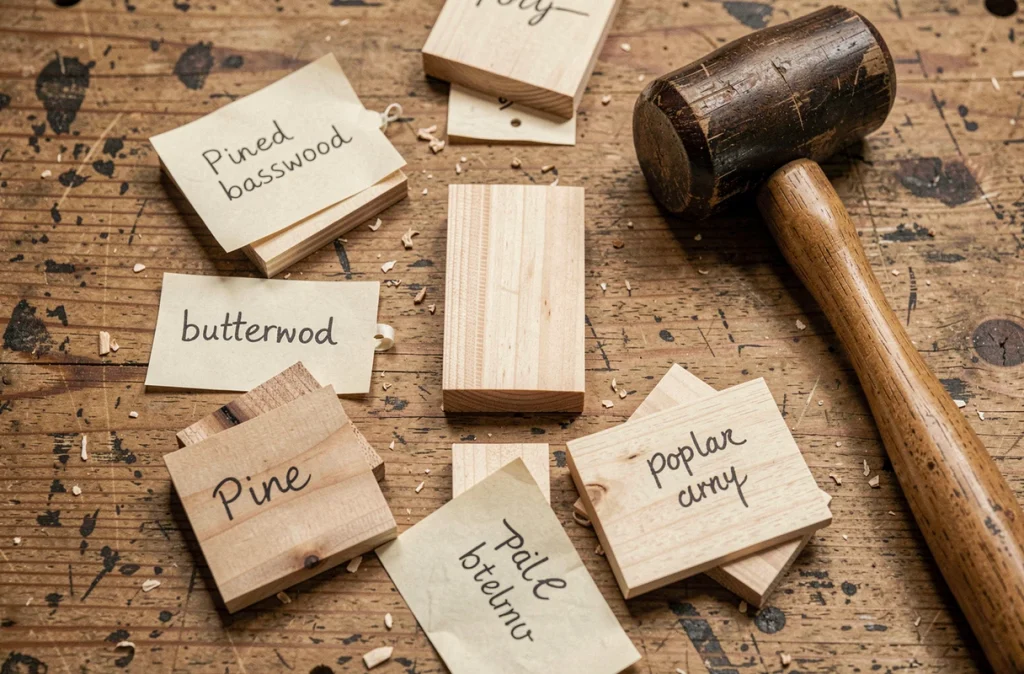 Échantillons de bois tendres comparés sur un établi avec des outils de sculpture à la main pour choisir le meilleur bois