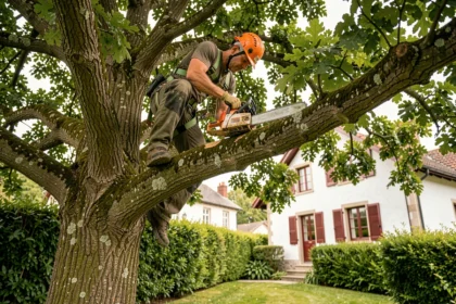 Élagueur professionnel perché dans un grand chêne avec harnais et tronçonneuse dans un jardin résidentiel à Anglet