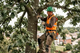 Élagueur professionnel en tenue de sécurité taillant les branches d'un grand chêne dans un quartier résidentiel