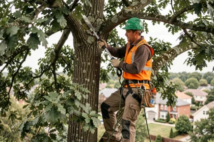 Élagueur professionnel en tenue de sécurité taillant les branches d'un grand chêne dans un quartier résidentiel