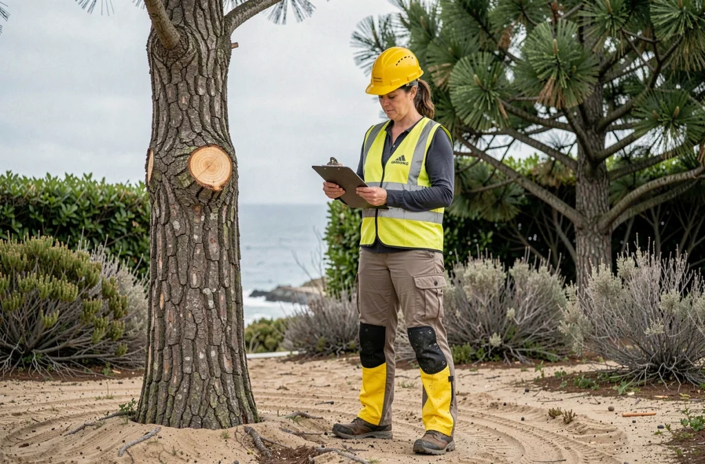 Élagueuse inspectant un pin maritime taillé dans un jardin côtier avec vue sur l'Atlantique près d'Anglet