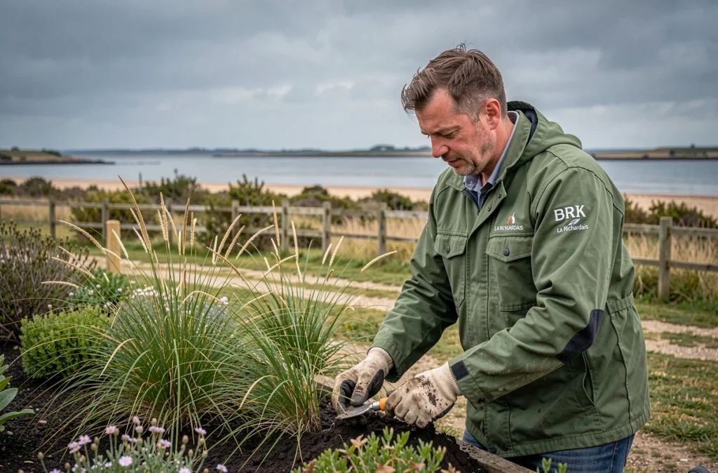 Jardinier paysagiste d'Emeraude Jardins plantant des graminées côtières à La Richardais près de l'estuaire de la Rance