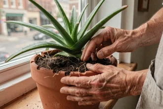 Mains vérifiant l'humidité du sol d'un aloe vera en pot de terre cuite sur un rebord de fenêtre en bois