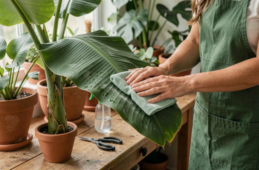 Femme entretenant les feuilles d'un bananier en pot en les essuyant avec un chiffon humide, dans un intérieur verdoyant avec des plantes tropicales