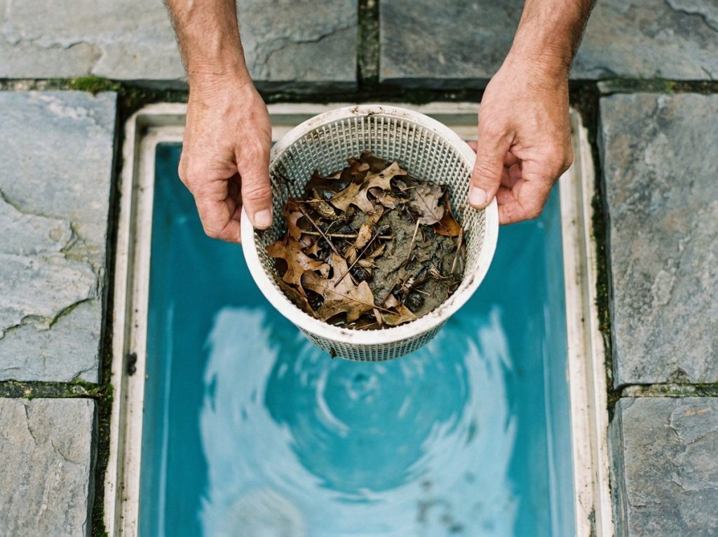 Gros plan sur un panier de skimmer de piscine rempli de feuilles et débris lors d'un entretien régulier du bassin