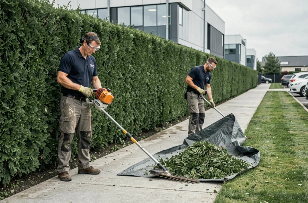 Équipe de jardiniers professionnels taillant une grande haie d'if devant un bâtiment commercial urbain