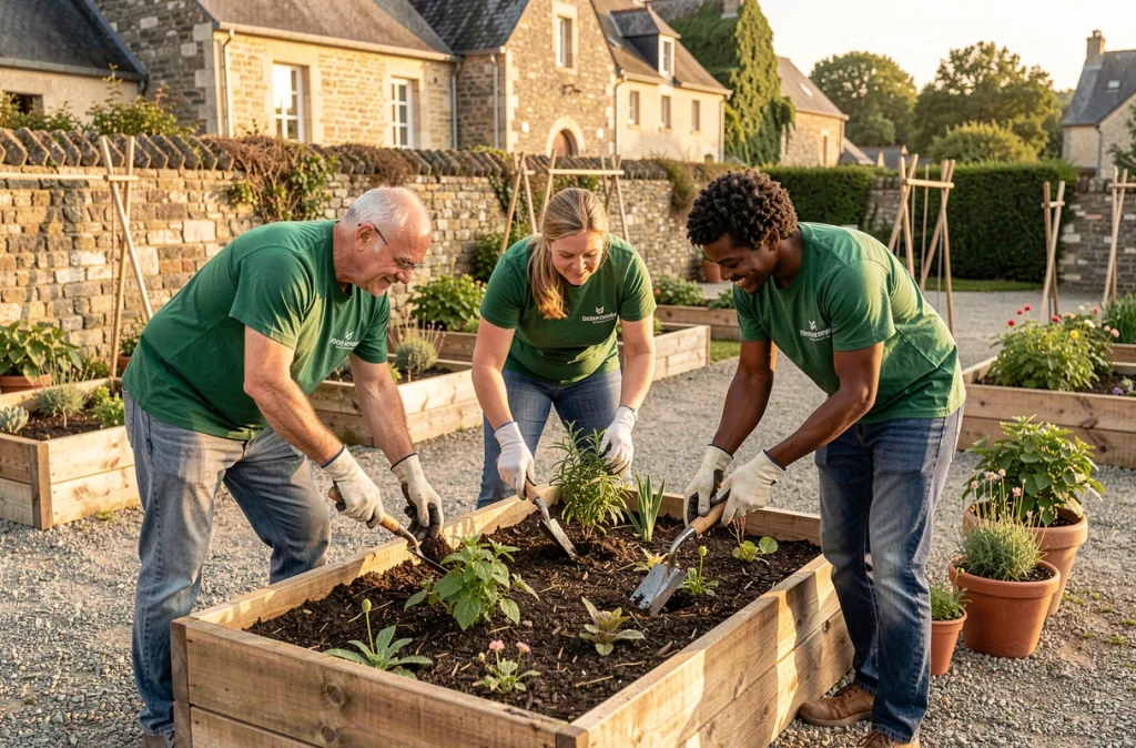 Équipe de jardiniers de l'ESAT Les Music'Ânes travaillant ensemble dans un jardin communautaire à Bréal-sous-Montfort