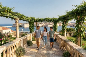 Famille se promenant dans les jardins de la Barrakka supérieure à Malte avec vue panoramique sur le Grand Port