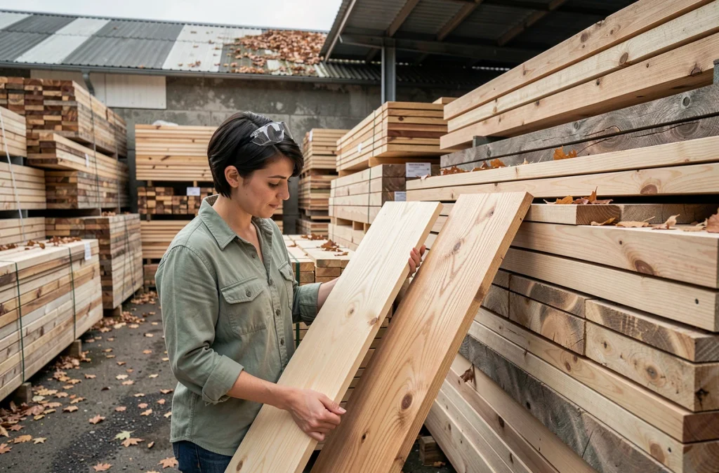 Femme comparant différentes essences de bois tendre dans un entrepôt de bois pour la sculpture à la main