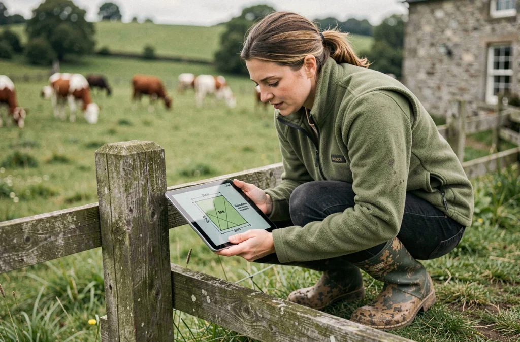 Femme consultant un plan de parcelle agricole sur tablette numérique affichant des mesures en ares et hectares